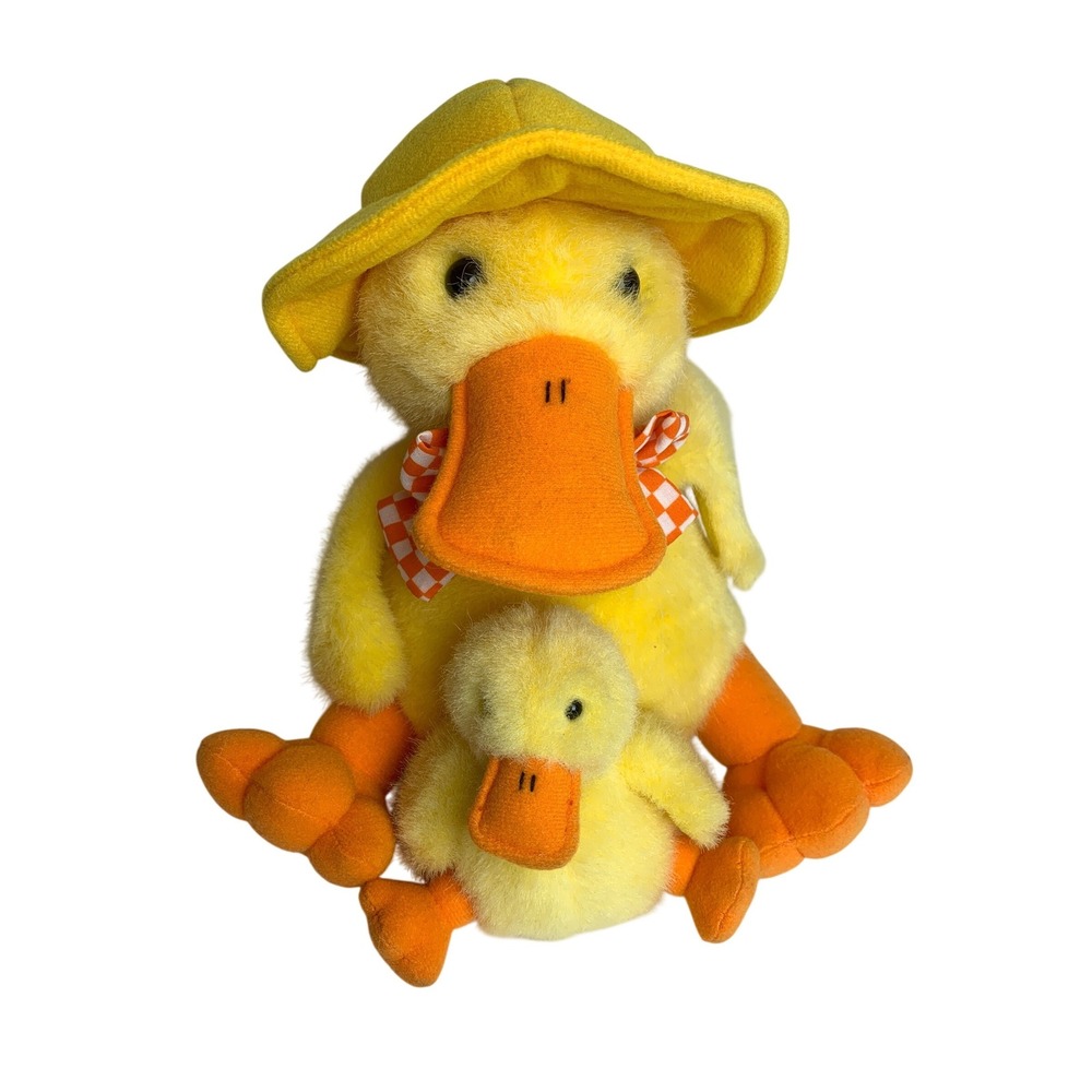 Vintage 1997 Avon Mother Duck and Duckling Plush Set Yellow‎ Gingham Bow 9 Inch